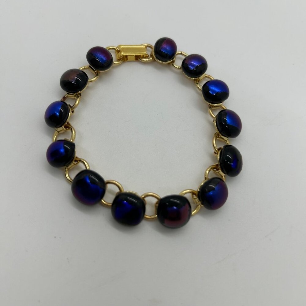 Vintage Gold-Tone Bracelet With Iridescent Dichroic Glass Beads - Picture 2 of 16